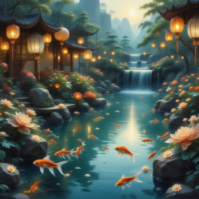 Enjoy this magical garden illuminated by soft glowing lanterns and serene pond filled with colorful koi fish. The scene is set against a picturesque background of bamboo structures, waterfalls, and mountain peaks under the setting sun.