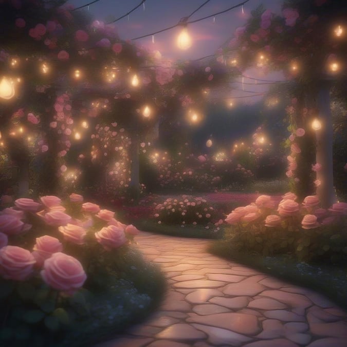 This beautiful Valentine's Day wallpaper features a stunning garden scene with pink roses, string lights, and a stone pathway. The image is perfect for desktop and mobile use, and its romantic atmosphere makes it ideal for expressing love and affection.