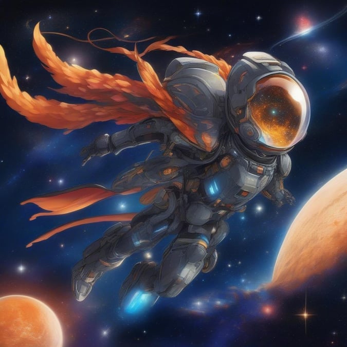 En anime-inspirerad illustration av en mecha-pilot som svävar genom rymden och förkroppsligar spänningen av interstellär äventyr och underverket av kosmisk utforskning.