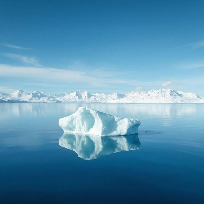 A breathtaking view of an iceberg at sunset in the Arctic, with majestic mountains rising in the distance.