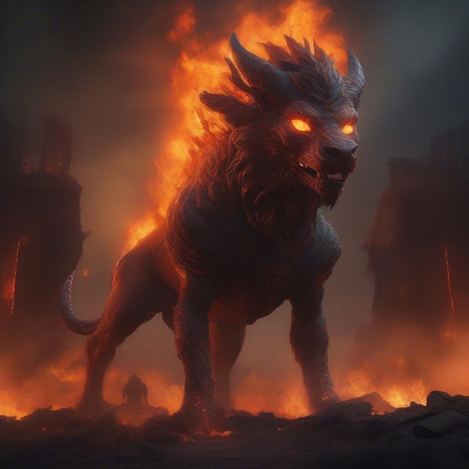 A fearsome fantasy creature emerges from the flames, embodying the raw power of chaos.