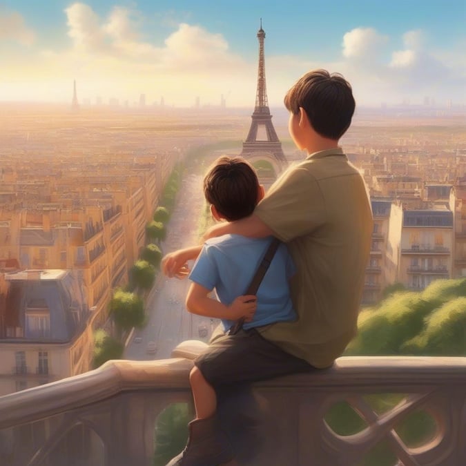 A heartwarming scene of a father and son taking in the breathtaking view of Paris together, a perfect way to celebrate Father's Day.