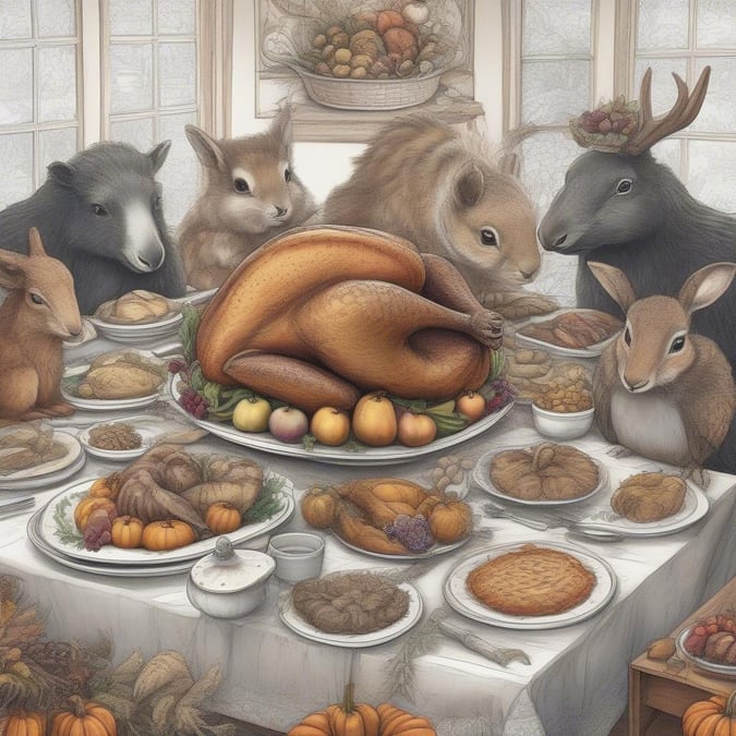 A heartwarming scene of a Thanksgiving feast with a twist - animals joining in on the celebration. The table is filled with traditional dishes, and the animals are gathered around, enjoying the meal together.