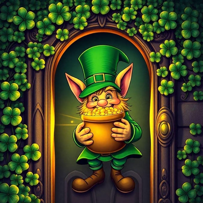 This vibrant illustration captures the spirit of St. Patrick's Day with a leprechaun holding his pot of gold. His cheerful face and welcoming gesture invite viewers into a world full of celebration and fun.