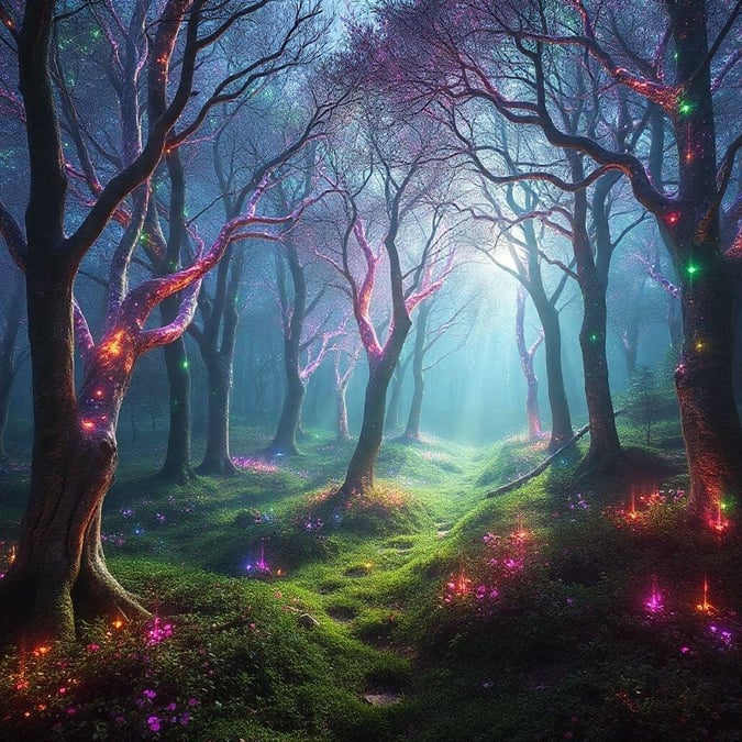 A captivating scene from a fantasy world, where magical trees twist and turn in a winding path. The enchanting light from within the trees glows softly against the night sky.