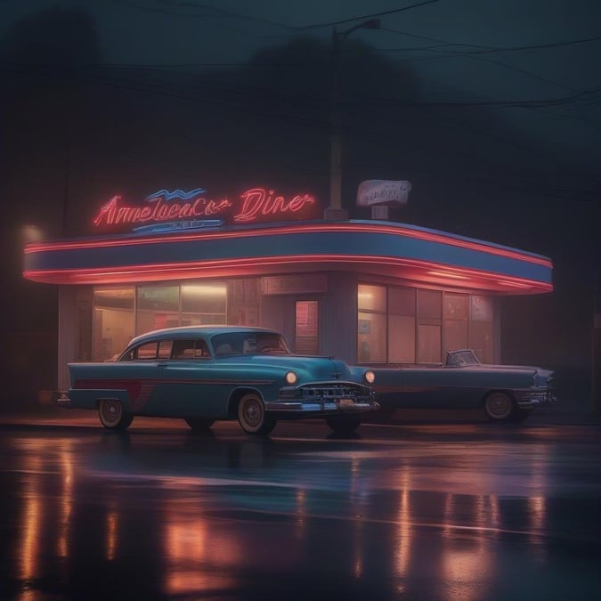 This classic scene captures the essence of an American Independence Day celebration. The red, white, and blue color scheme is patriotic, as seen in the vintage cars, neon sign for an 'American Diner', and a backdrop that could be interpreted as fireworks or a star-filled sky at dusk.