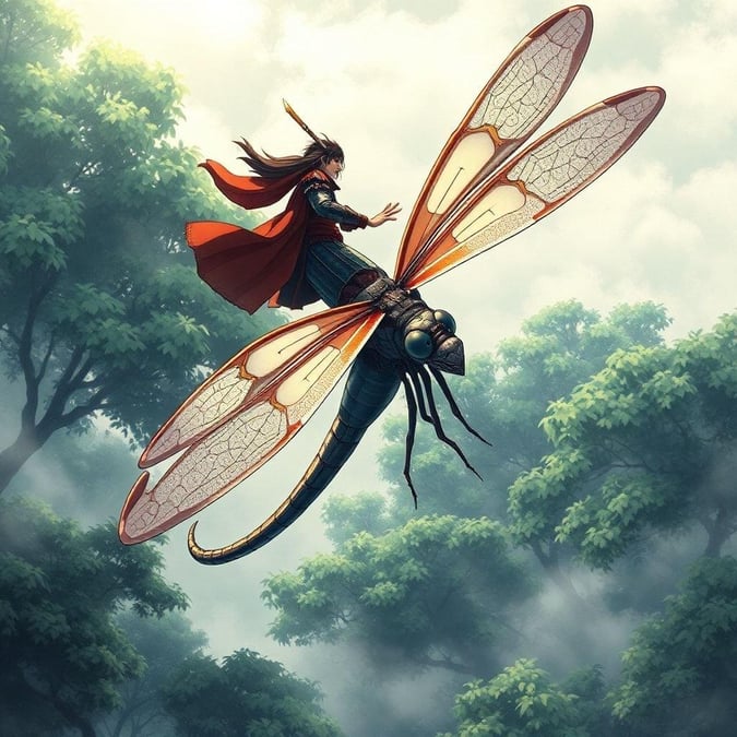 Experience the thrill of a samurai warrior riding a majestic dragonfly through a misty Japanese forest.