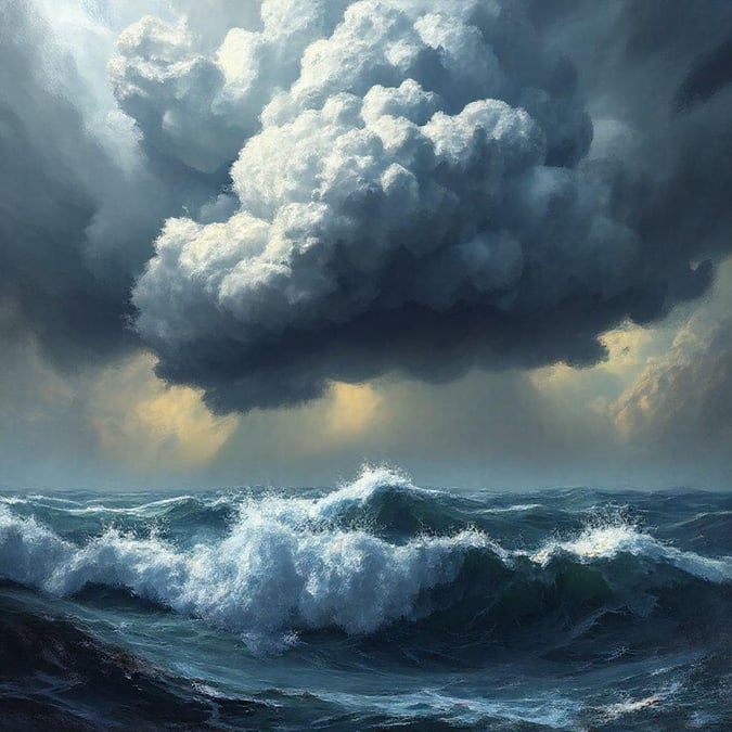 The powerful majesty of the sea captured in an epic canvas painting, showing a dramatic sky filled with dark clouds unleashing a tempest over vast ocean waves.