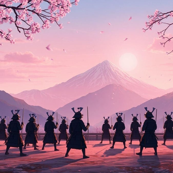 Get ready to immerse yourself in the world of anime with this stunning wallpaper featuring a group of samurai training in the mountains. The serene landscape, painted in soft pink and purple hues, creates a peaceful atmosphere that will transport you to a world of tranquility.