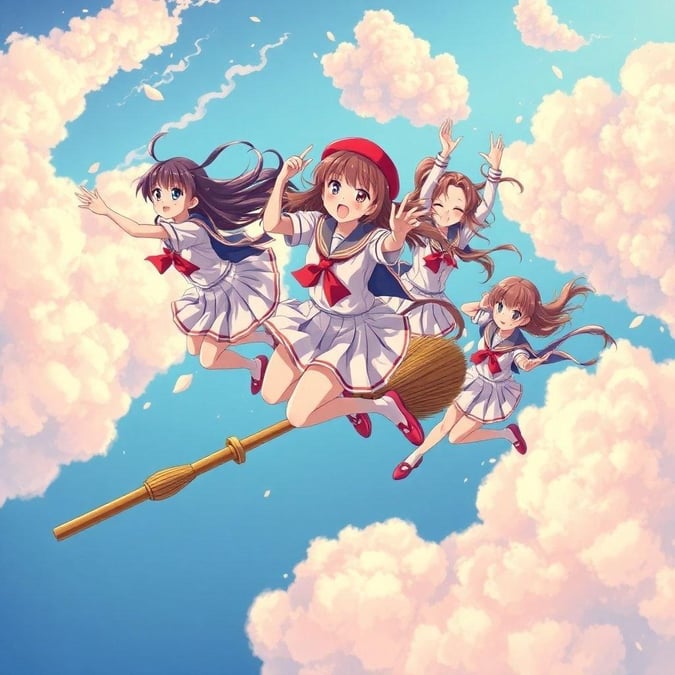 Denna anime-illustration visar en grupp skoltjejer i sailor fuku-uniformer som flyger genom luften, deras energiska pose fångad i luften. Den centrala figuren, en tjej i röd hatt och vit skjorta, omges av en magisk kvast, vilket ger en magisk touch till denna dynamiska scen.