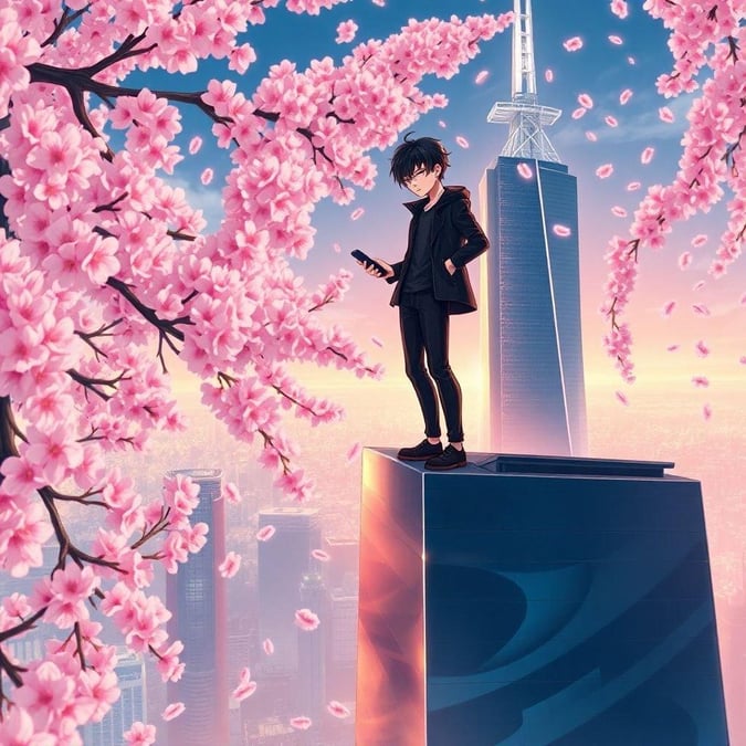 This anime-style illustration features a young boy standing on top of a skyscraper, surrounded by pink cherry blossoms. The boy is dressed in dark clothing and a black jacket, holding a phone. The skyscraper's reflection adds depth to the scene, which is bathed in warm light, creating an anime-like atmosphere.