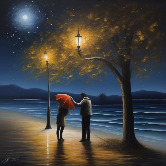 This evening beach scene captures the romantic spirit of Valentine's Day. A couple strolls along the shore, sharing an umbrella for shelter and companionship. The moon hangs bright in the sky as a solitary lighthouse stands sentinel on the horizon. This image is perfect for your desktop or mobile wallpaper to set the mood for love and serenity all year round.