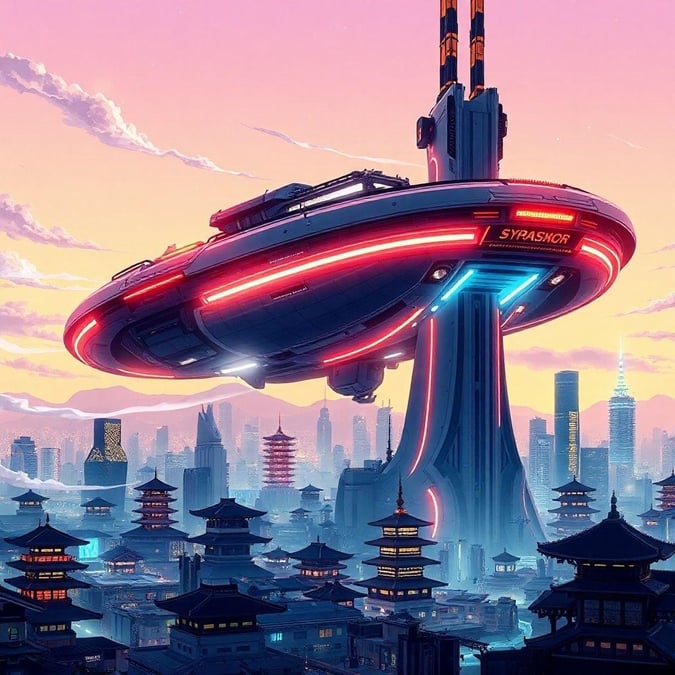 This wallpaper features a stunning anime-style futuristic space station set against a Japanese skyline. The space station's unique curved design and intricate details are illuminated by light and shadow, creating a sense of depth and mystery. The city's skyline adds a modern twist to the futuristic setting, making for a captivating and immersive visual experience.