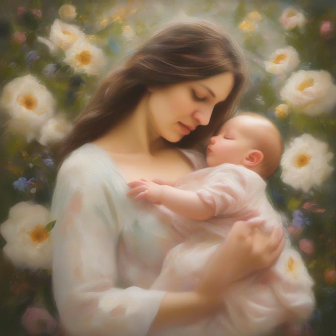 A tender moment captured, as the mother cradles her newborn amidst a bloom of flowers.