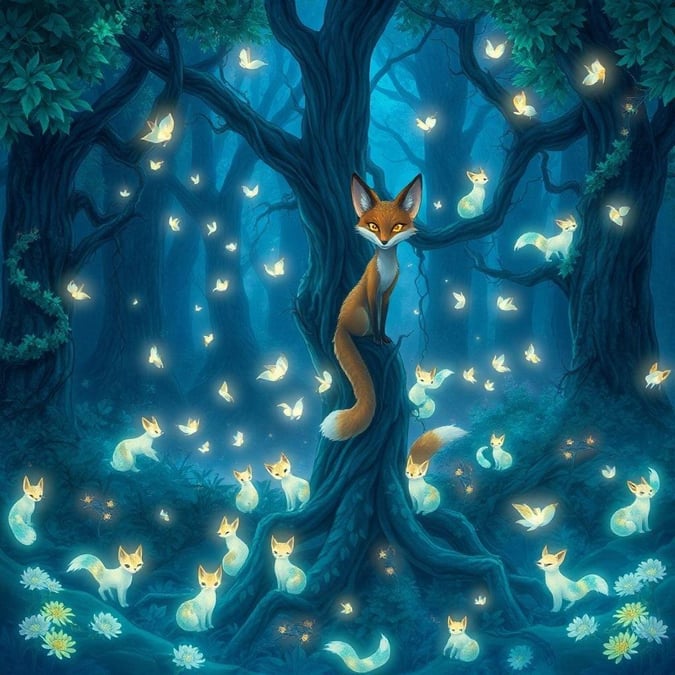 Step into a world of wonder and magic with this enchanting anime wallpaper, featuring a mystical forest teeming with glowing fox spirits. The central figure, a fox with a twisted trunk, is surrounded by a lush, dark forest, adding to the sense of mystery and tranquility.