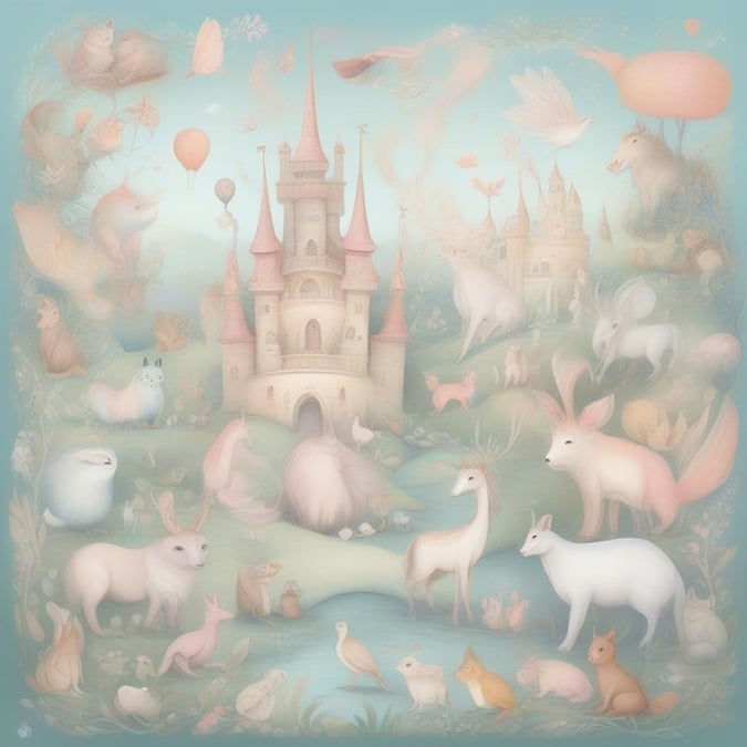 A whimsical scene with animals and a castle, perfect for a child's room.