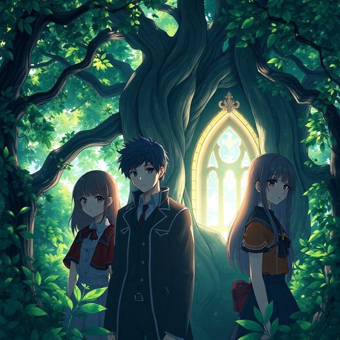 Immerse yourself in the enchanting world of anime with this captivating forest scene wallpaper. The mysterious forest, with its intricate details and the magical glow of an arched window, transports you to a realm of wonder and fantasy.