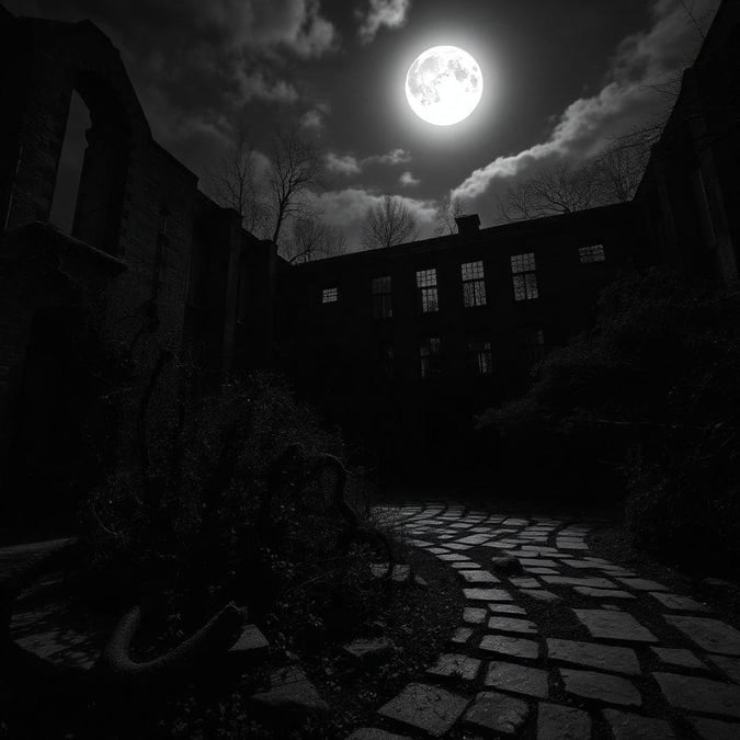 This eerie scene captures the desolate beauty of an old, abandoned building under a full moon. The stark silhouettes of the ruins are contrasted by the ethereal glow of the moonlight, creating a sense of both tranquility and haunting solitude.