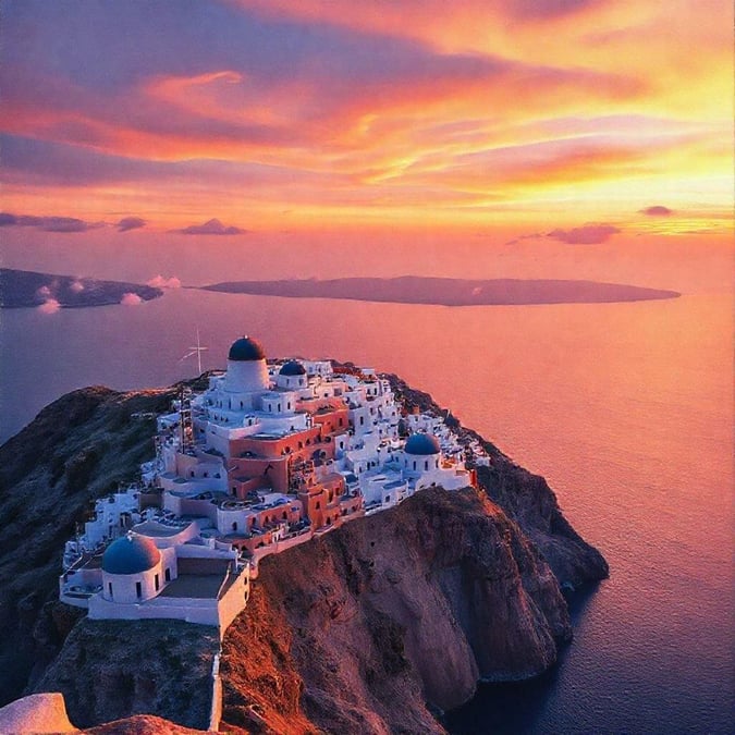 This serene image captures the breathtaking beauty of the Greek island of Santorini at sunset. The iconic white-domed buildings with blue accents are bathed in warm hues from the setting sun, creating a tranquil backdrop over the deep azure sea.