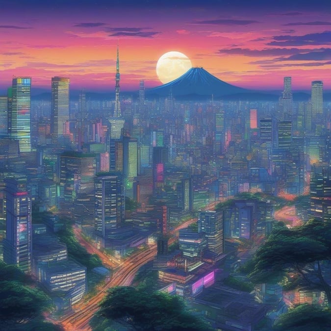 Denna fantastiska anime-stil tapet fångar essensen av en futuristisk Tokyo stadsbild vid skymningen. Den livliga, färgglada himlen är upplyst av neonskyltar, medan den avlägsna bakgrunden visar en livlig storstad med höga byggnader och en stor måne. Scenen blandar sömlöst natur och teknik, vilket skapar en livlig och animerad atmosfär.