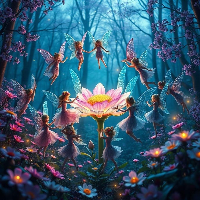 A whimsical scene where fairies are gathered around a blooming lotus flower in a moonlit forest.