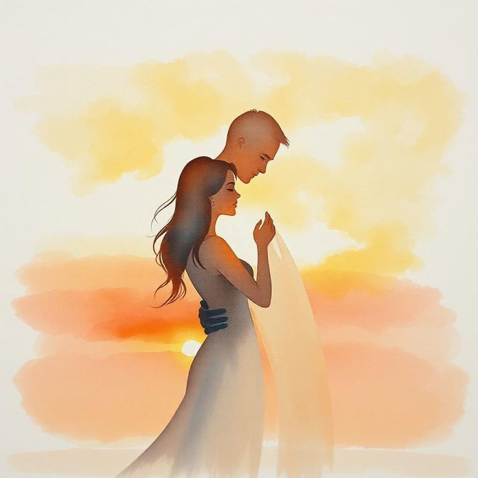 This image captures the beauty of a wedding love, with a couple embracing against the backdrop of a breathtaking sunset.