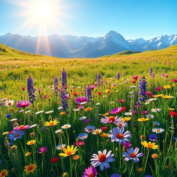 A vibrant field of wildflowers, set against the backdrop of a majestic mountain range. This scene embodies the beauty and tranquility of nature.