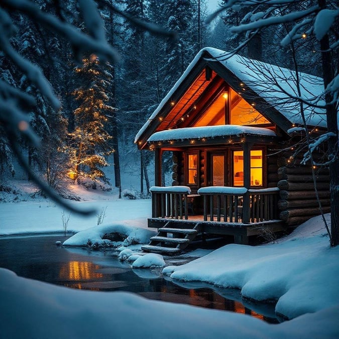 A serene winter scene with a cozy cabin nestled in the snow-covered woods, perfect for the holiday season.