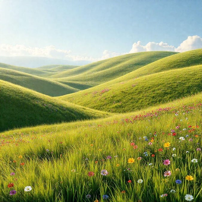 This breathtaking scene captures the vibrancy and beauty of nature. The expansive landscape is dotted with a multitude of wildflowers, their colors dancing in hues of yellow, pink, purple, and blue. The rolling hills stretch out to meet the sky at the horizon, creating an atmosphere of tranquility and serenity.