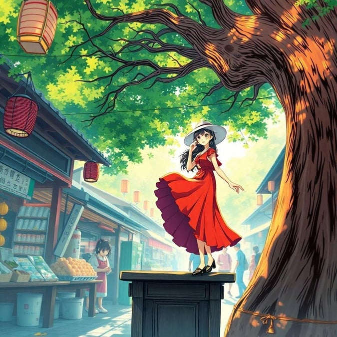 Experience the vibrant anime-style market scene, with a traditional Japanese architecture and a central figure, a woman in a red dress and white hat, standing on a quaint wooden platform, surrounded by a bustling market and a large tree trunk.