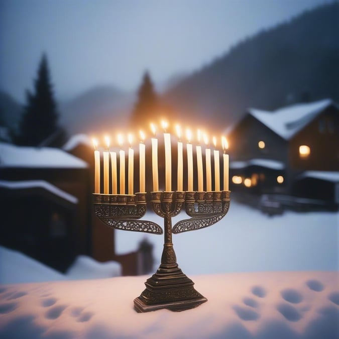 En fredfyldt vinteraften med en traditionel hanukkiah-menora oplyst med lys, beliggende blandt sneklædte huse og træer. Omfavn varmen fra Hanukkah-fejringen mod den kølige baggrund af en vinteraften.