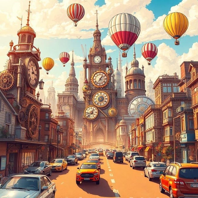 Découvrez le monde enchanteur de l'anime avec ce fond d'écran captivant de paysage urbain. Les bâtiments complexes de style horlogerie, rappelant l'architecture steampunk, vous transportent dans un royaume de merveilles. En contemplant la rue animée bordée de voitures, la touche fantaisiste des montgolfières ajoute une touche de magie à la scène. Cette illustration vous invite à entrer dans un moment de tranquillité, où le charme énigmatique de la ville est pleinement exposé.