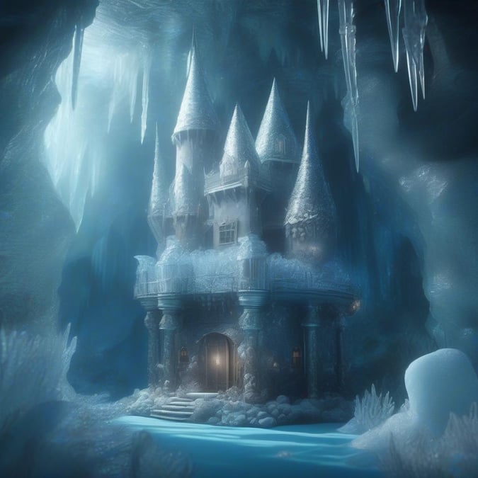 A majestic castle submerged in icy waters, with frosty spires reaching towards the surface.