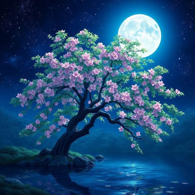 A serene and enchanting digital illustration of a Japanese sakura tree, its delicate pink blossoms and vibrant green leaves illuminated by the soft glow of the moon. The peaceful scene, with its harmonious blend of nature and anime, captures a tranquil moment in a Japanese garden.