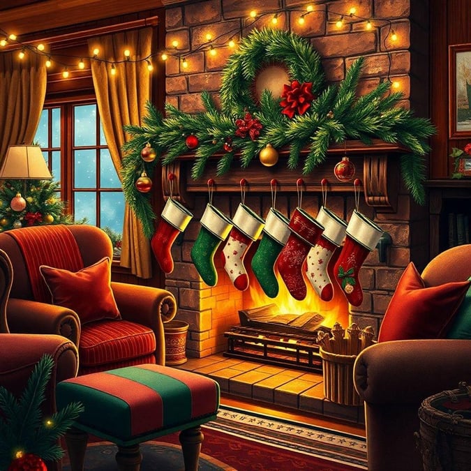 This festive wallpaper captures the magic of Christmas with a cozy living room scene, complete with a fireplace, Christmas tree, and stockings hanging by the chimney.