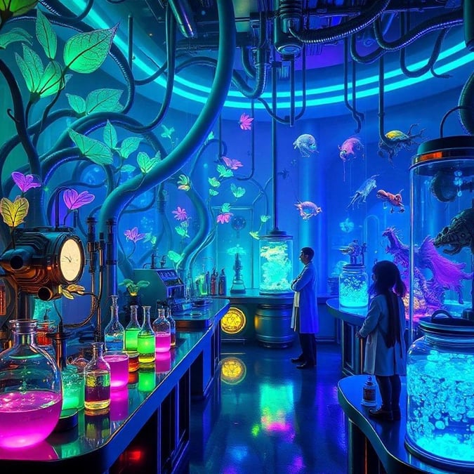 In this fantastical scene, an underwater laboratory bustles with life. A scientist stands amidst a variety of sea creatures in clear tanks, the lab alive with vibrant lights and an array of colorful chemicals.