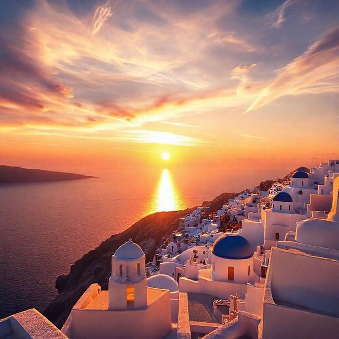 Experience the breathtaking beauty of a Santorini sunset, where the sky is painted with hues of orange and pink, and the sea sparkles like diamonds.