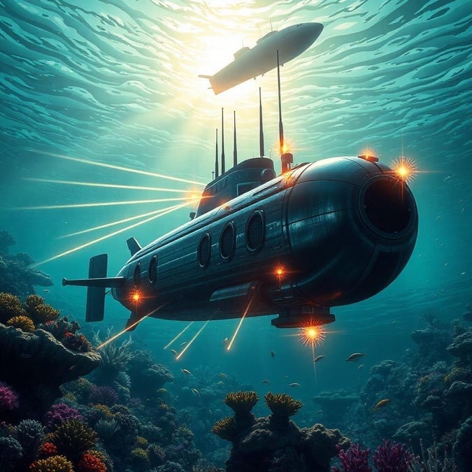 A cutting-edge submarine descends into the depths of the ocean, revealing a world of colorful marine life.