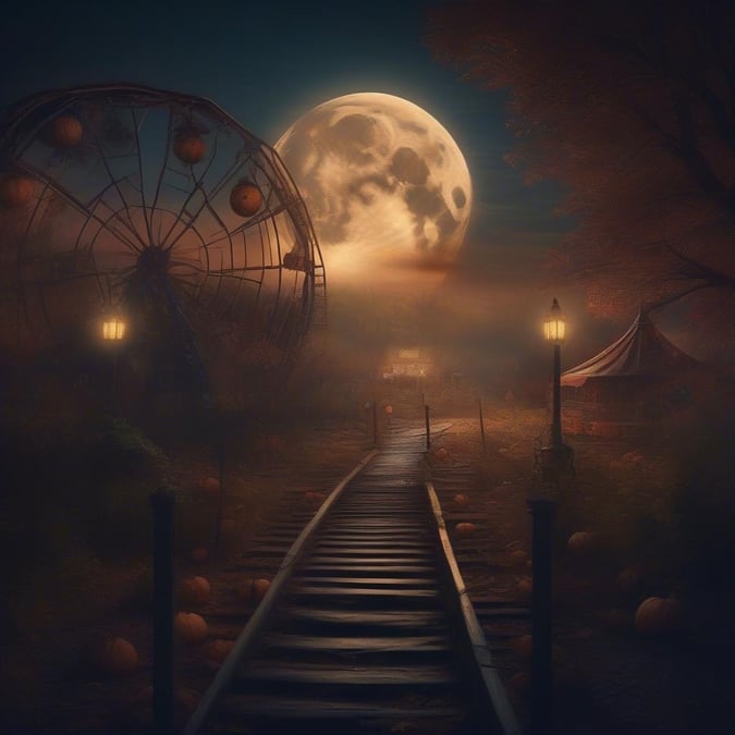 An enchanted carnival scene under the full moon, with a hauntingly beautiful view of fall foliage and pumpkins along the track.