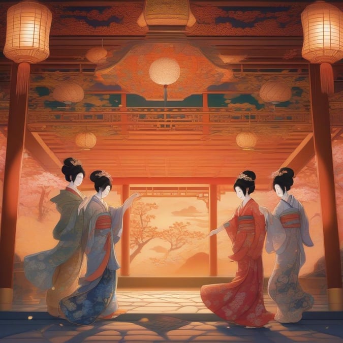 Step into a world of elegance and tradition with this stunning anime wallpaper featuring a group of geishas dancing under an ornate lantern ceiling. The intricate patterns and gold accents create a warm and ethereal atmosphere, highlighting the geishas' vibrant attire and the traditional Japanese manor house.