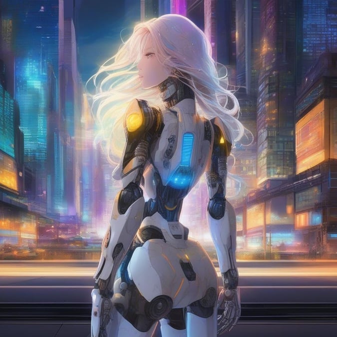 A futuristic robot girl with long, flowing hair stands amidst a cityscape of tall skyscrapers, surrounded by vibrant colors and colorful lights.