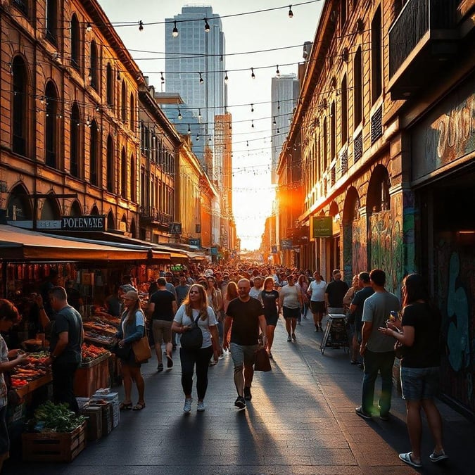 Stroll through the bustling heart of a city at sunset. Street vendors and shoppers bring life to the scene, with vibrant colors and warm tones from the setting sun. Travel & Adventure vibes.