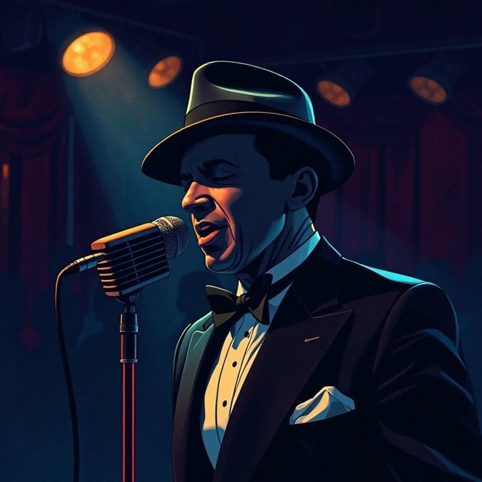 Frank Sinatra, the legendary crooner, performs live on stage to a captivated audience. The man who was known as 'The Voice' and 'Old Blue Eyes', he was one of the greatest performers of all time.