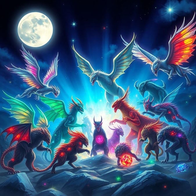 This fantasy wallpaper showcases a vibrant gathering of dragons in a celestial setting, surrounded by a radiant moon and stars. The dragons, with their diverse scales and wings, seem to be engaged in a mystical ritual or celebration, set against a backdrop of deep blues and purples that evoke a sense of wonder and enchantment.