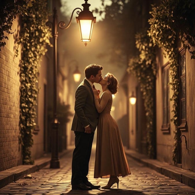 A tender moment between two lovers on a city street at night, illuminated by the warm glow of street lights. The classic romance genre is captured in this beautiful scene that could be part of a celebratory wedding or anniversary collection.