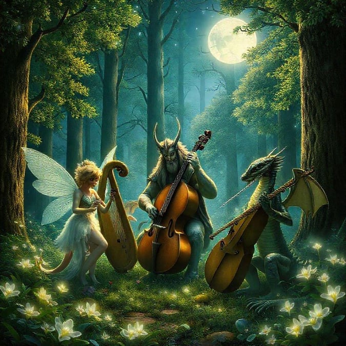 A whimsical and enchanting image featuring a fairy, a dragon, and a satyr in a forest setting, with a full moon shining brightly in the background.