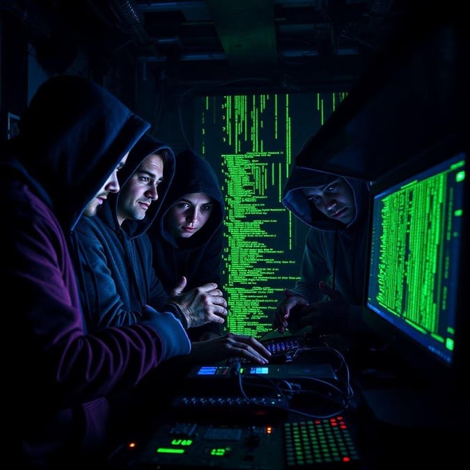 This image depicts a group of hackers working on a computer, surrounded by lines of code on the screen. The dark and ominous atmosphere suggests a sense of intensity and focus, as the hackers work together to achieve their goals.