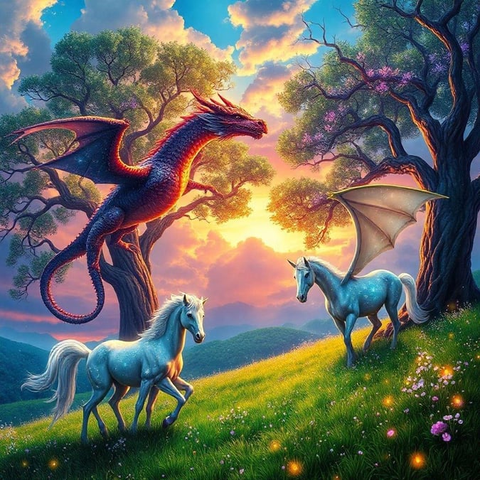 This artwork captures the mystical realm where dragons and unicorns coexist, basking in the warm glow of a radiant sunrise over a serene landscape. The sky above is painted with hues of pink and orange, casting a magical ambiance. The two majestic creatures, one fierce with wings outstretched, and the other ethereal with mane and tail flowing in the breeze, symbolize the balance of power and purity. This image is perfect for your wallpaper to add an enchanting touch to your digital space.