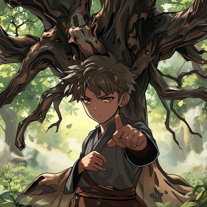 This captivating anime illustration features a young boy standing confidently in front of a majestic tree, its roots stretching out in all directions. The boy's determined expression and the tree's intricate details create a sense of wonder and awe.