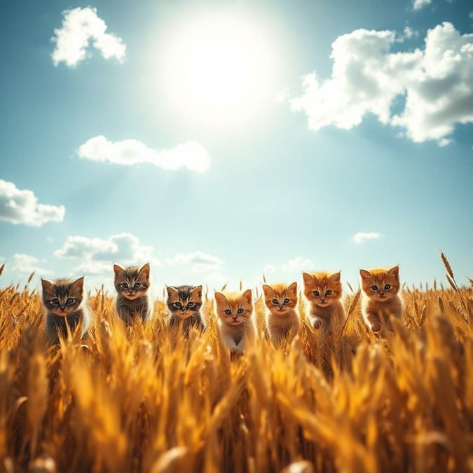 This adorable image features a group of cats frolicking in a wheat field on a sunny day. The cats are all different colors and sizes, and they seem to be having the time of their lives as they play and chase each other through the tall, golden wheat. The sky above is a brilliant blue, with only a few wispy clouds scattered across it. The overall effect is one of joy and freedom, as if the cats are reveling in the simple pleasure of being alive.